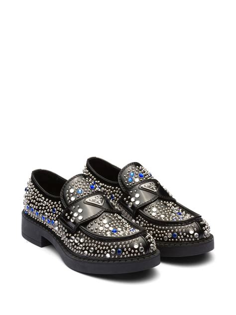 prada rhinestone loafers|Brushed leather loafers with studs and rhinestones.